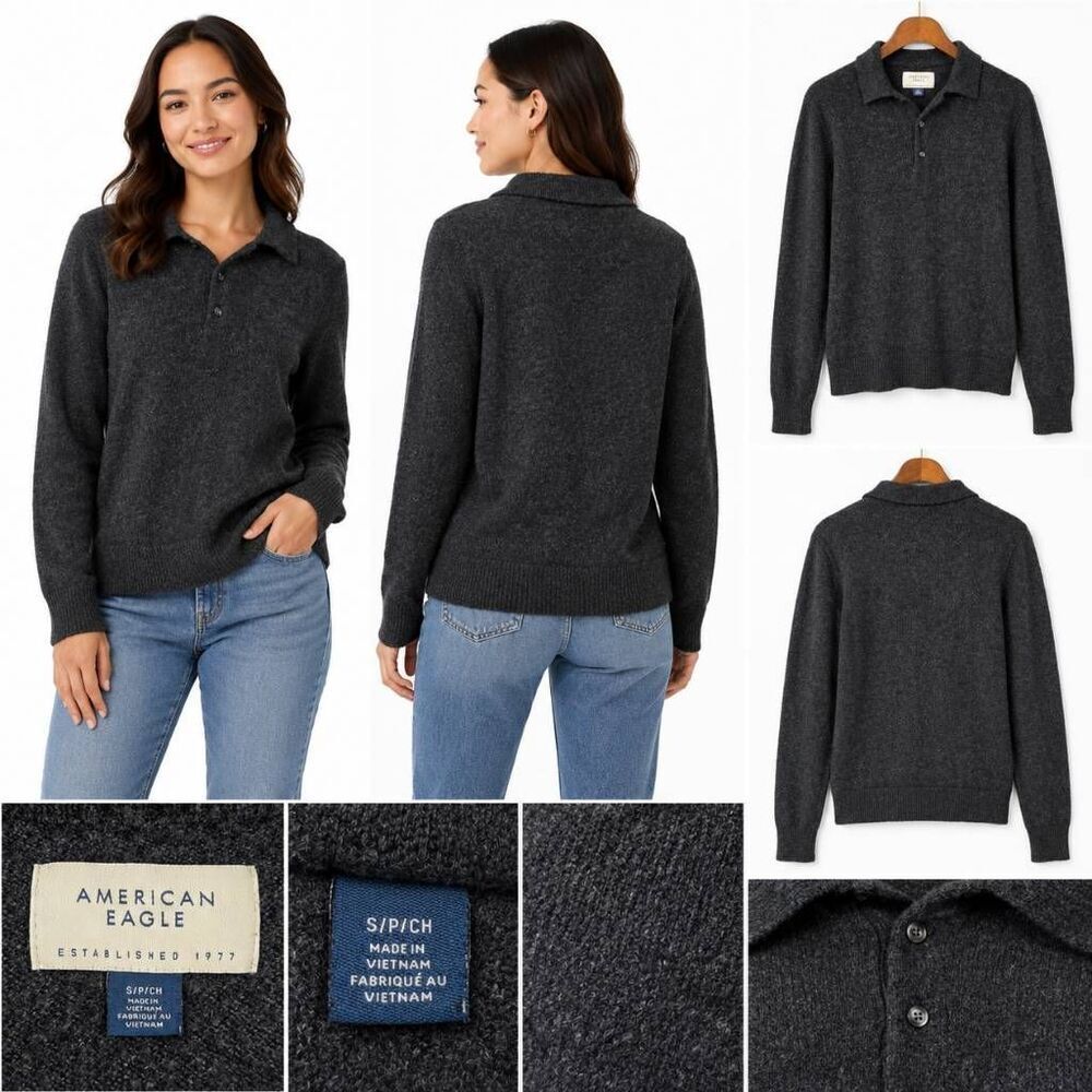 American Eagle Charcoal Knit Collared Sweater Size S